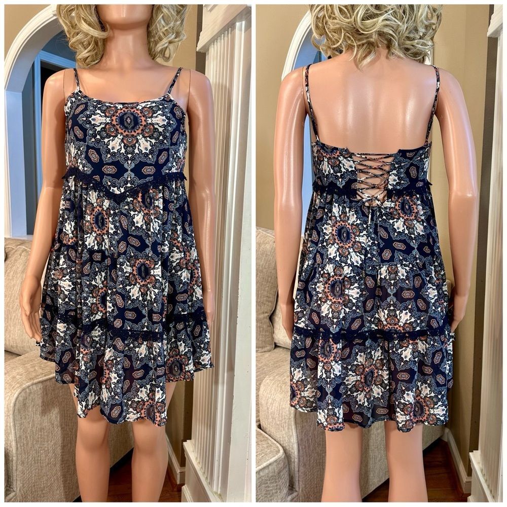 Taylor & Sage navy paisley lace back tie back dress